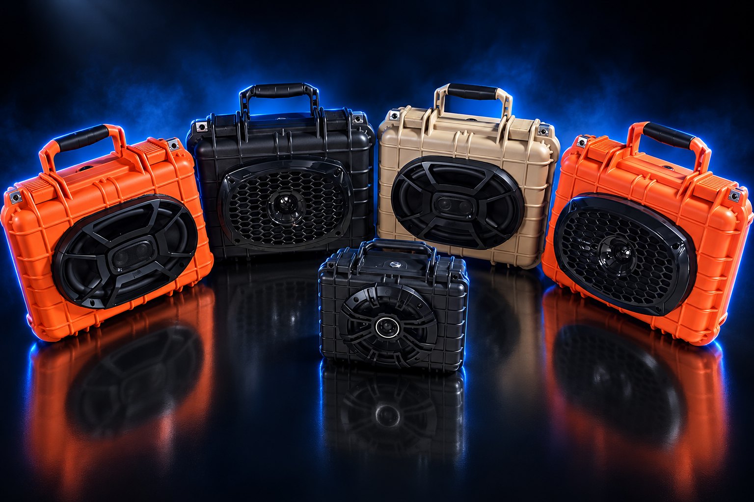 Case Closed Audio speakers lined up in the studio: orange, black and tan hard cases with big speakers on the front, plus the small black Mini