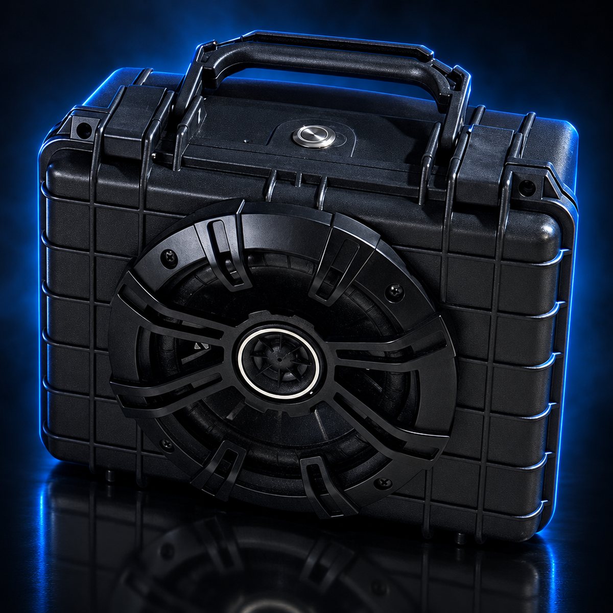 The Mini: small black hard-case speaker with a 5.25 inch speaker, studio shot
