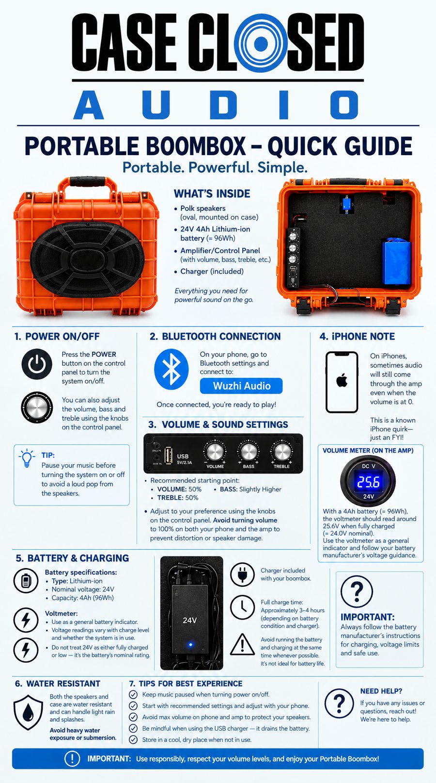 Case Closed Audio portable boombox quick guide: power on and off, Bluetooth connection, volume and sound settings, iPhone note, battery and charging, voltmeter, water resistance and tips