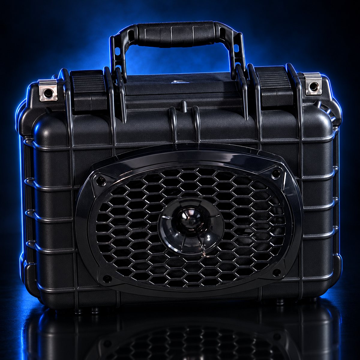 The Street: black hard-case speaker with a honeycomb grille, studio shot